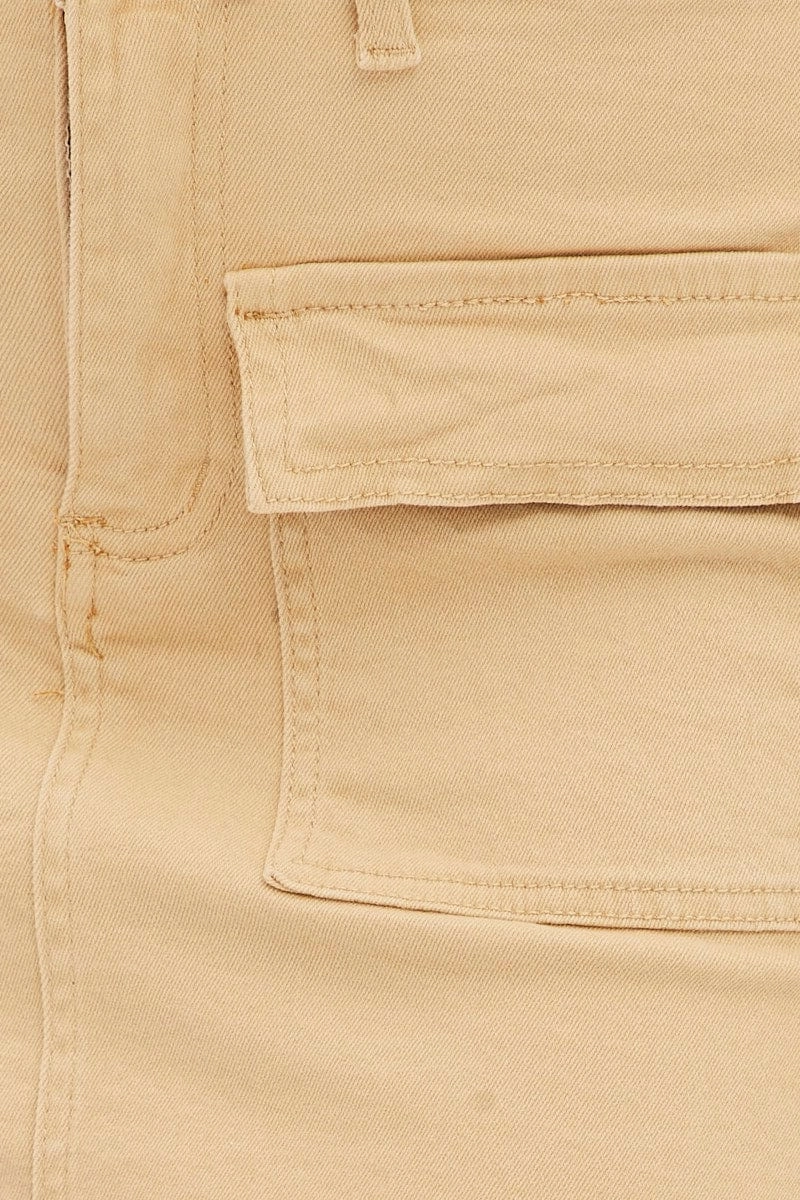 Beige High Rise Cargo Mini Denim Skirt