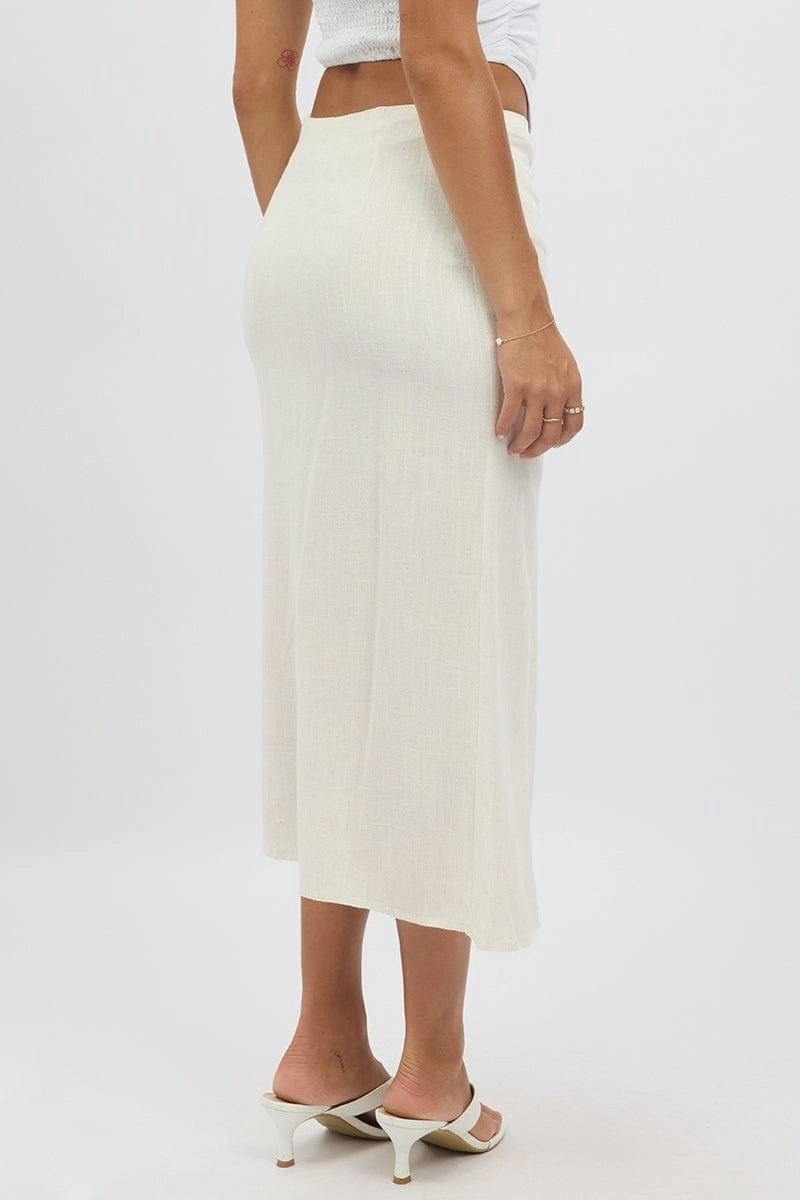 Beige Midaxi Skirt Buckle Detail Linen Blend