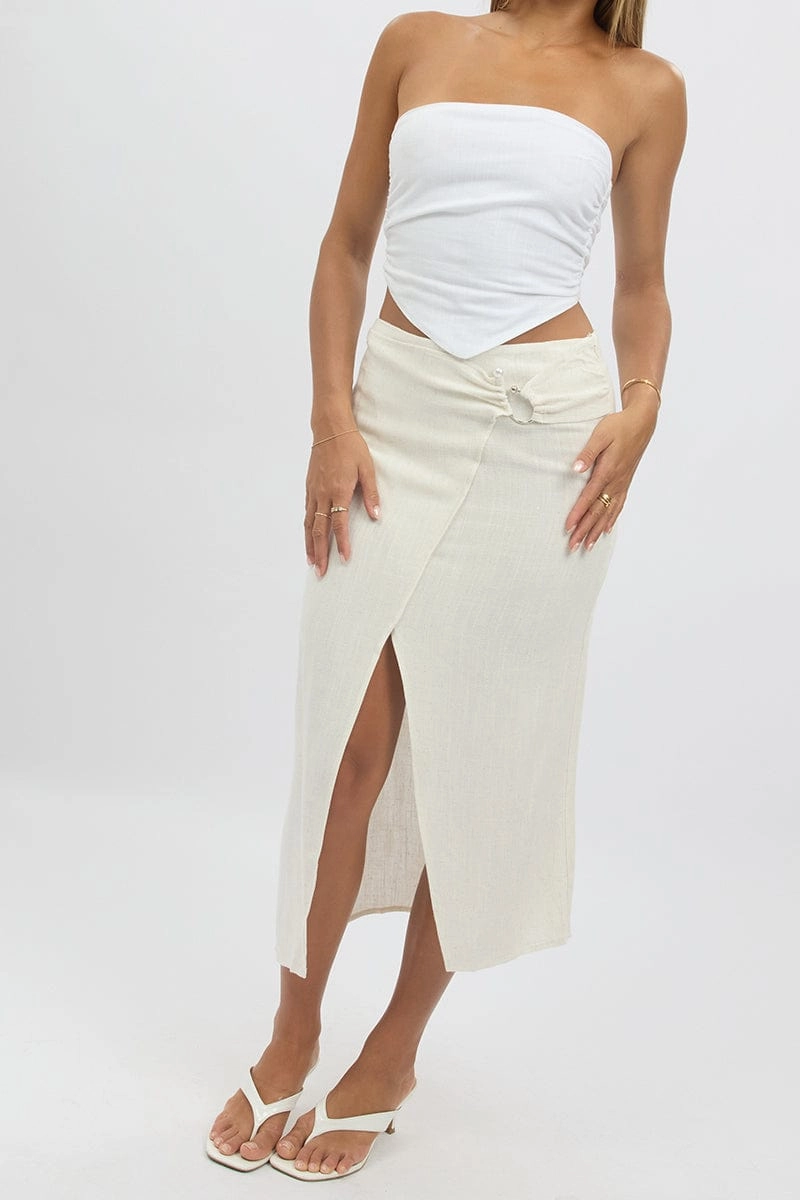 Beige Midaxi Skirt Buckle Detail Linen Blend