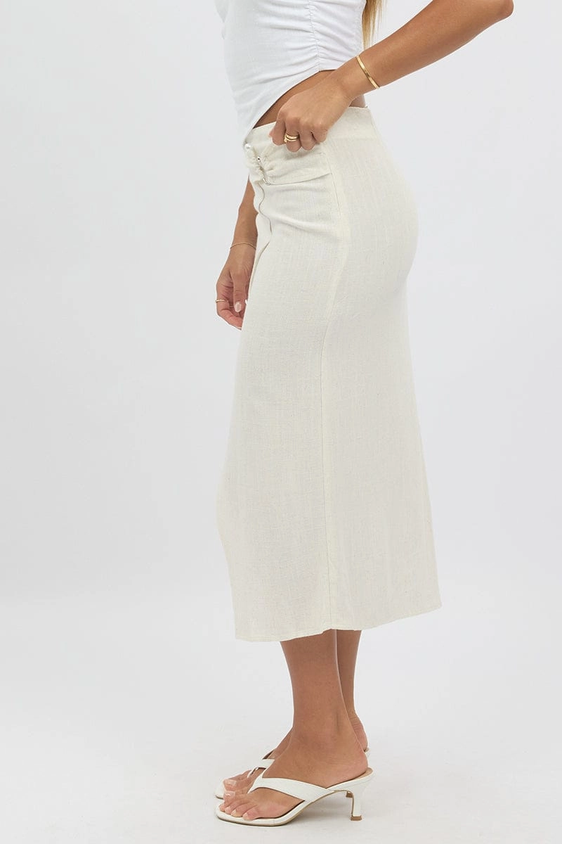 Beige Midaxi Skirt Buckle Detail Linen Blend