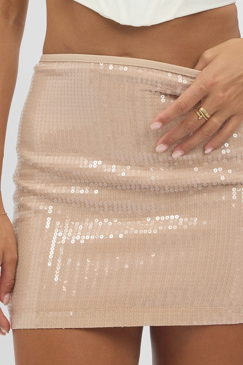 Beige Sequins Skirt High Waisted Mini