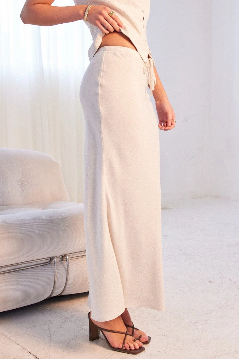 Beige Slip Skirt Midi Linen Blend
