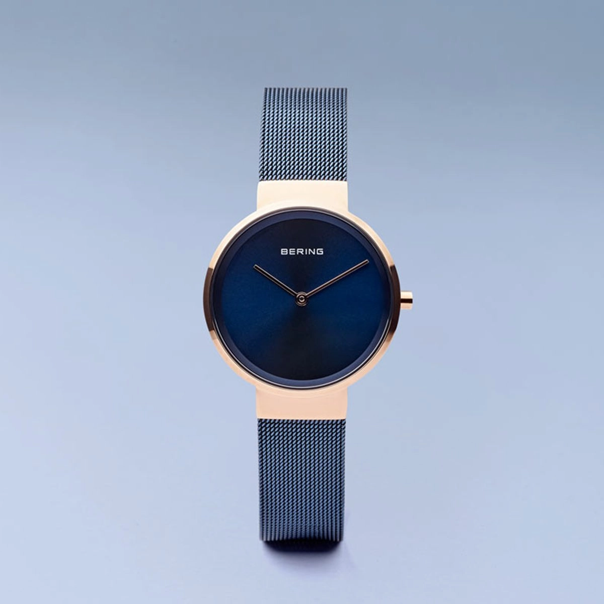 Bering Classic Polished Rose Gold Blue Mesh Watch