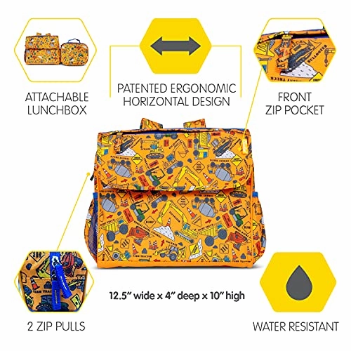 Bixbee Kids Backpack & Lunch Box Set, Water Resistant & Easy to Carry Kids Book Bag and Matching Lunchbox, Construction Truck Set of Two.