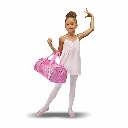 Bixbee Kids Duffle Bag, Dance Bag & Travel Bag for Sports, Gymnastics and Ballet with Adjustable Strap, Zippers, Pockets, and Flake-Resistant Glitter - Dance Bag for Girls in Sparkalicious Pink