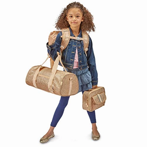 Bixbee Small Kids Duffle Bag, Dance Bag & Travel Bag for Sports, Gymnastics and Ballet with Zipper, Pockets, and Flake-Resistant Glitter Design - Dance Bag for Girls & Boys in Sparkalicious Gold