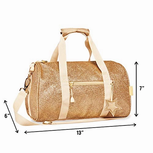 Bixbee Small Kids Duffle Bag, Dance Bag & Travel Bag for Sports, Gymnastics and Ballet with Zipper, Pockets, and Flake-Resistant Glitter Design - Dance Bag for Girls & Boys in Sparkalicious Gold