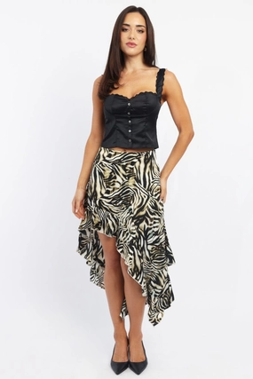 Black Animal Print Frill Skirt High Waisted High Low Midi