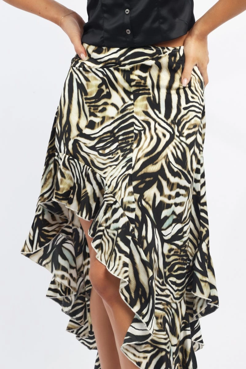 Black Animal Print Frill Skirt High Waisted High Low Midi
