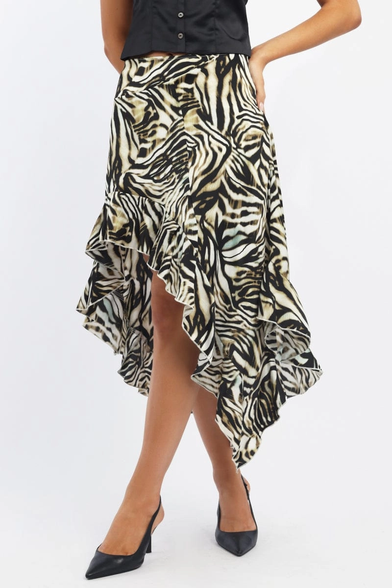 Black Animal Print Frill Skirt High Waisted High Low Midi