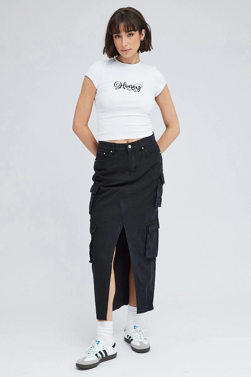 Black Cargo Skirt Mid Rise Maxi Utility Pocket Details