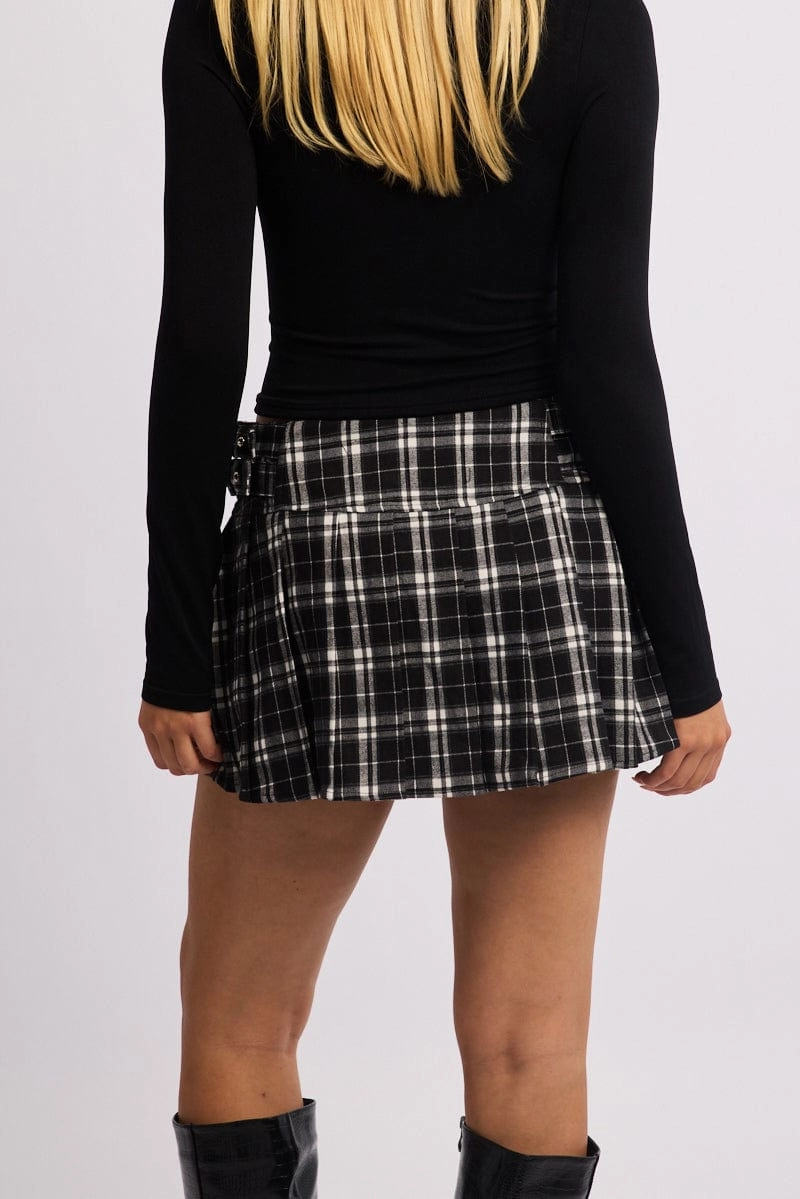 Black Check Skort Pleated Mini Skirt