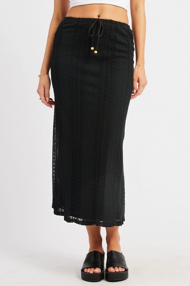 Black Crochet Maxi Skirt High Rise Relaxed Lined