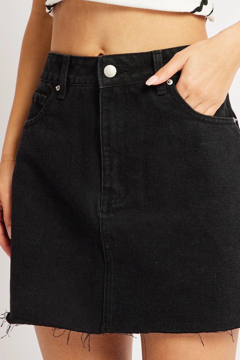 Black Denim Mini Skirt Mid Rise Raw Edge