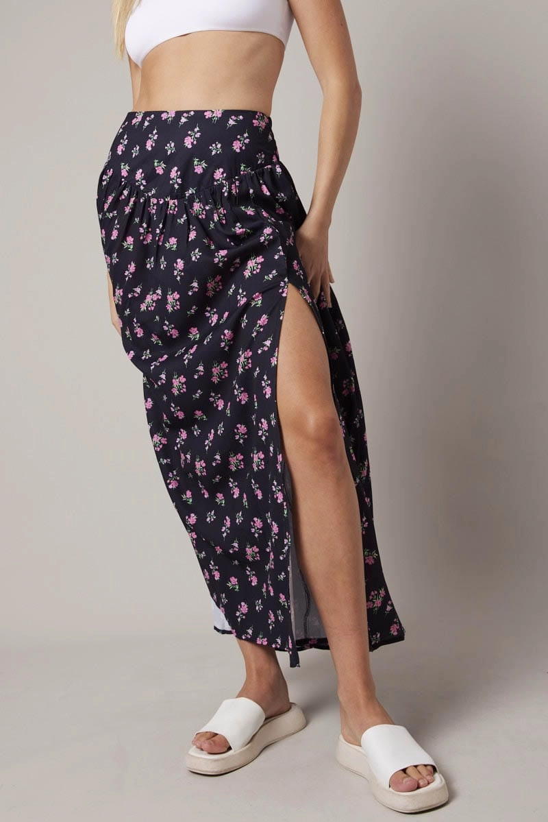 Black Floral Maxi Skirt Bouquet Ditsy Side Split Skirt