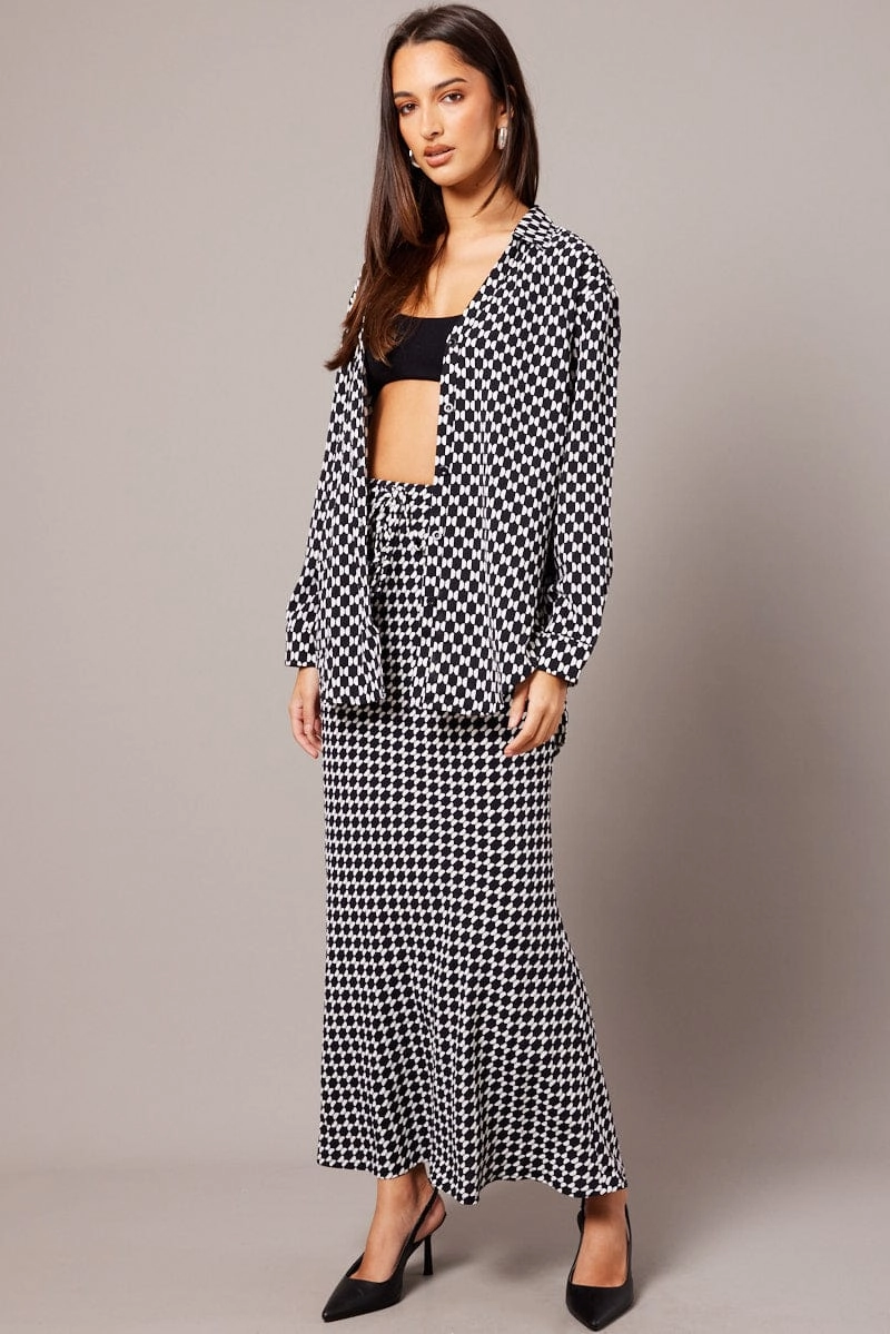 Black Geo Slip Skirt Maxi Drawstring Waist