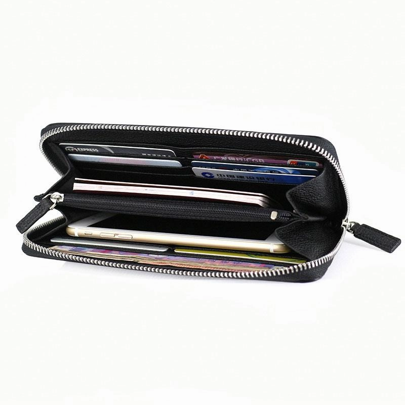 Black Mens Leather Zipper Long Wallet Phone Long Bifold Wallet for Men