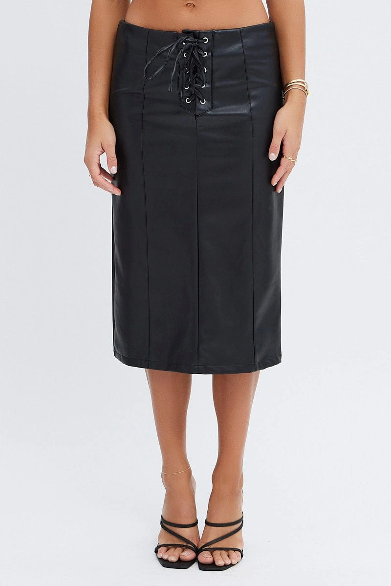 Black Midi Skirt Low Rise Lace Up Front Faux Leather PU