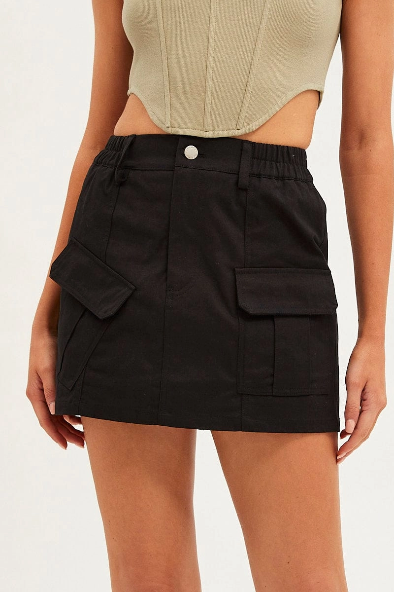 Black Mini Skirt Cargo Cotton Blend