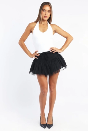 Black Mini Skirt High Waisted Shirred Back Lace Up Tutu