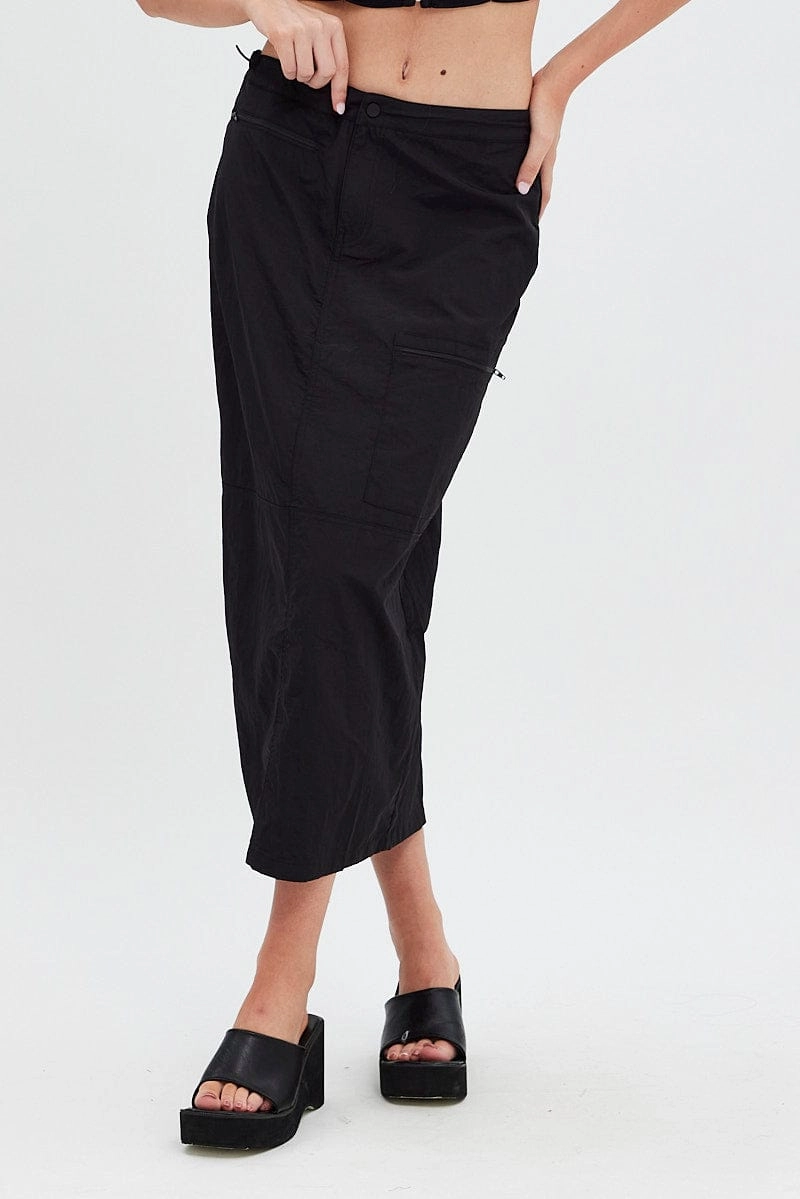Black Parachute Skirt Cargo Mid Rise