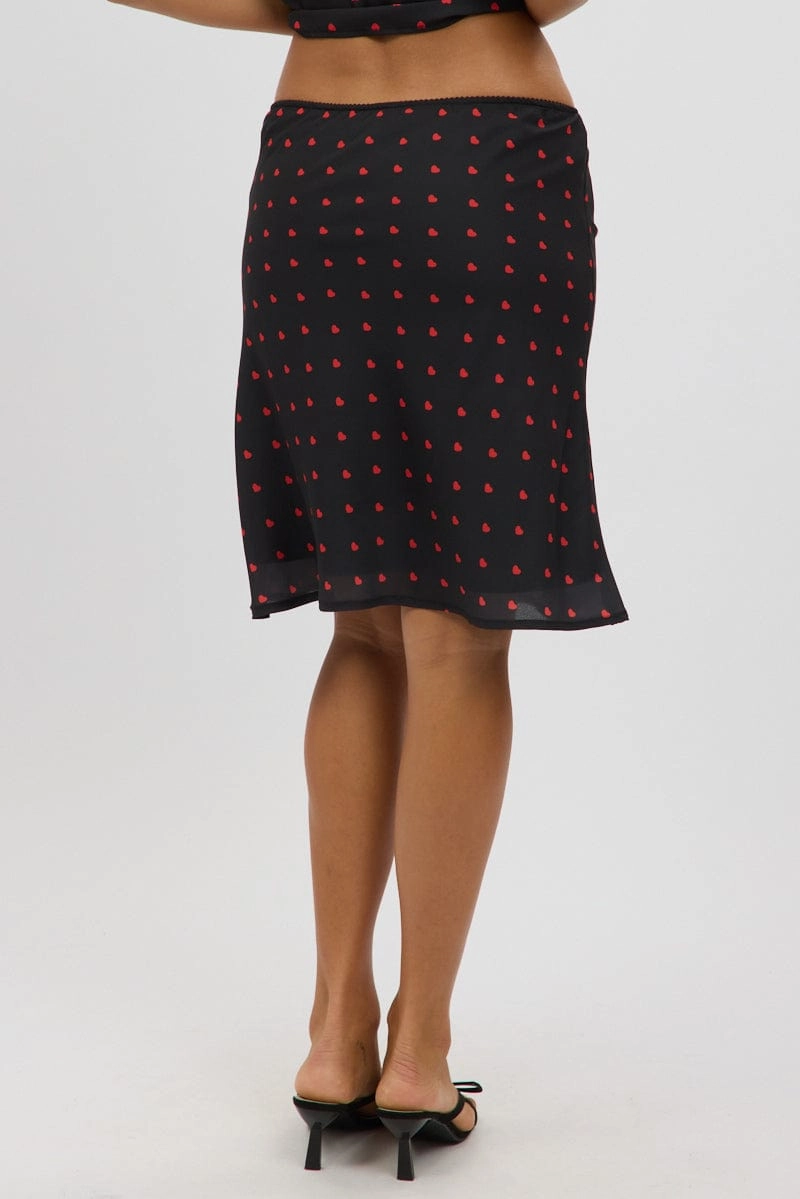 Black Polka Dot Picot Trim Midi Skirt Chiffon Lined