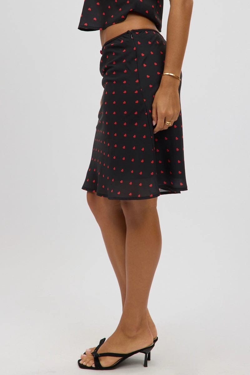 Black Polka Dot Picot Trim Midi Skirt Chiffon Lined