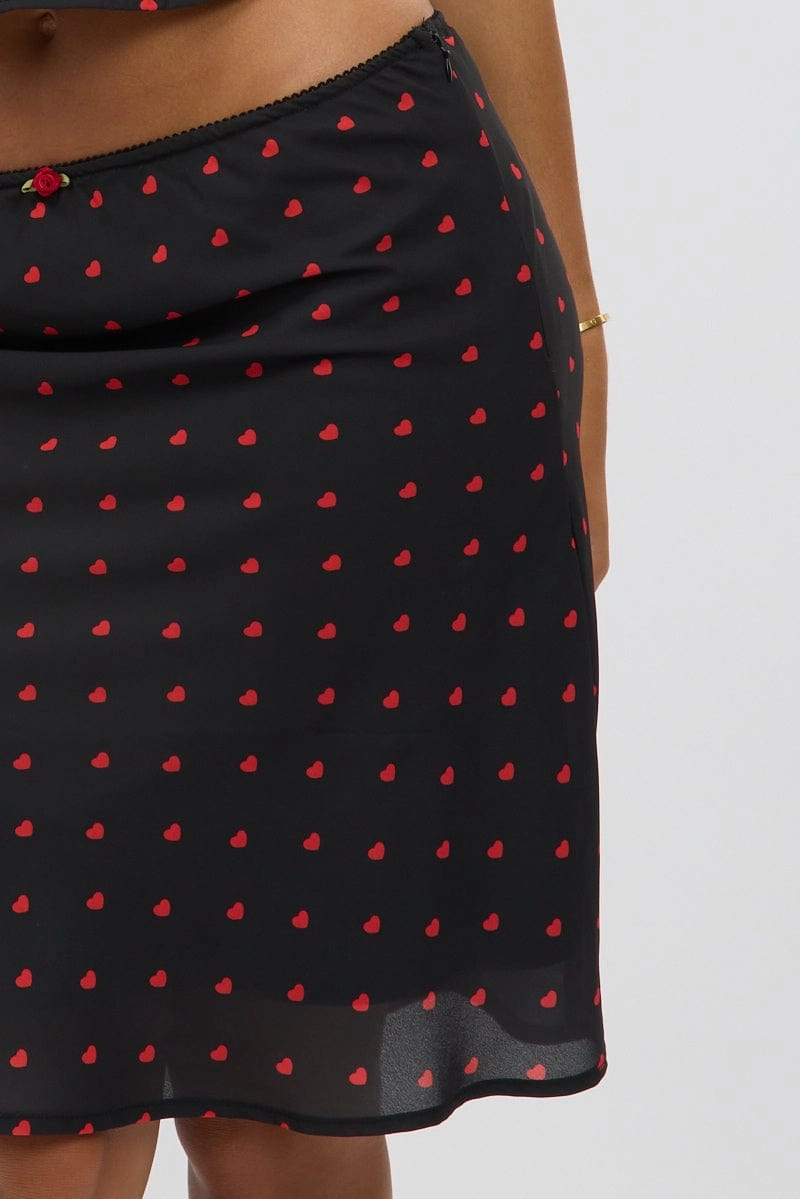 Black Polka Dot Picot Trim Midi Skirt Chiffon Lined