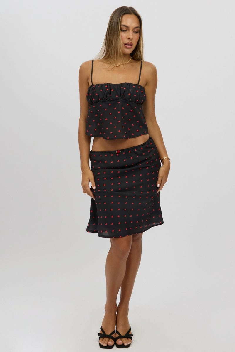 Black Polka Dot Picot Trim Midi Skirt Chiffon Lined
