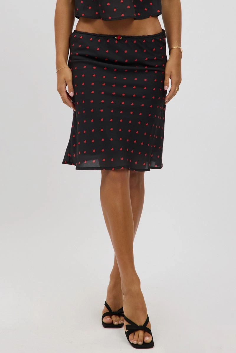 Black Polka Dot Picot Trim Midi Skirt Chiffon Lined