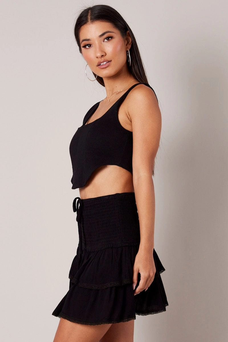 Black Skater Skirt Smocking Waist Mini