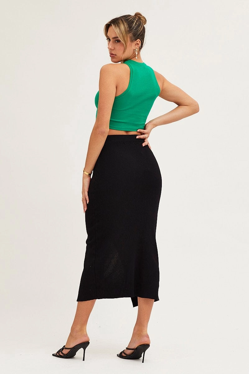 Black Slit Knit Midi Skirt