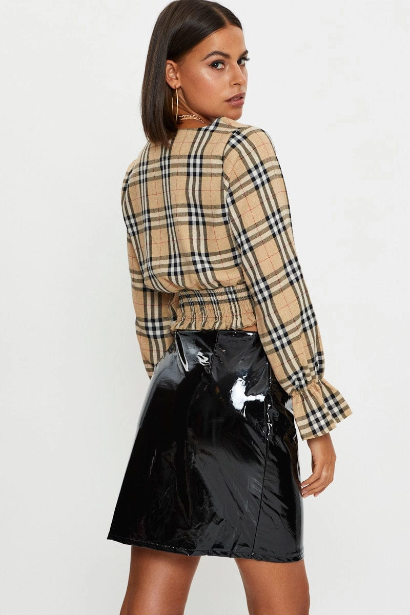 Black Wet Look Front Zip Mini Skirt