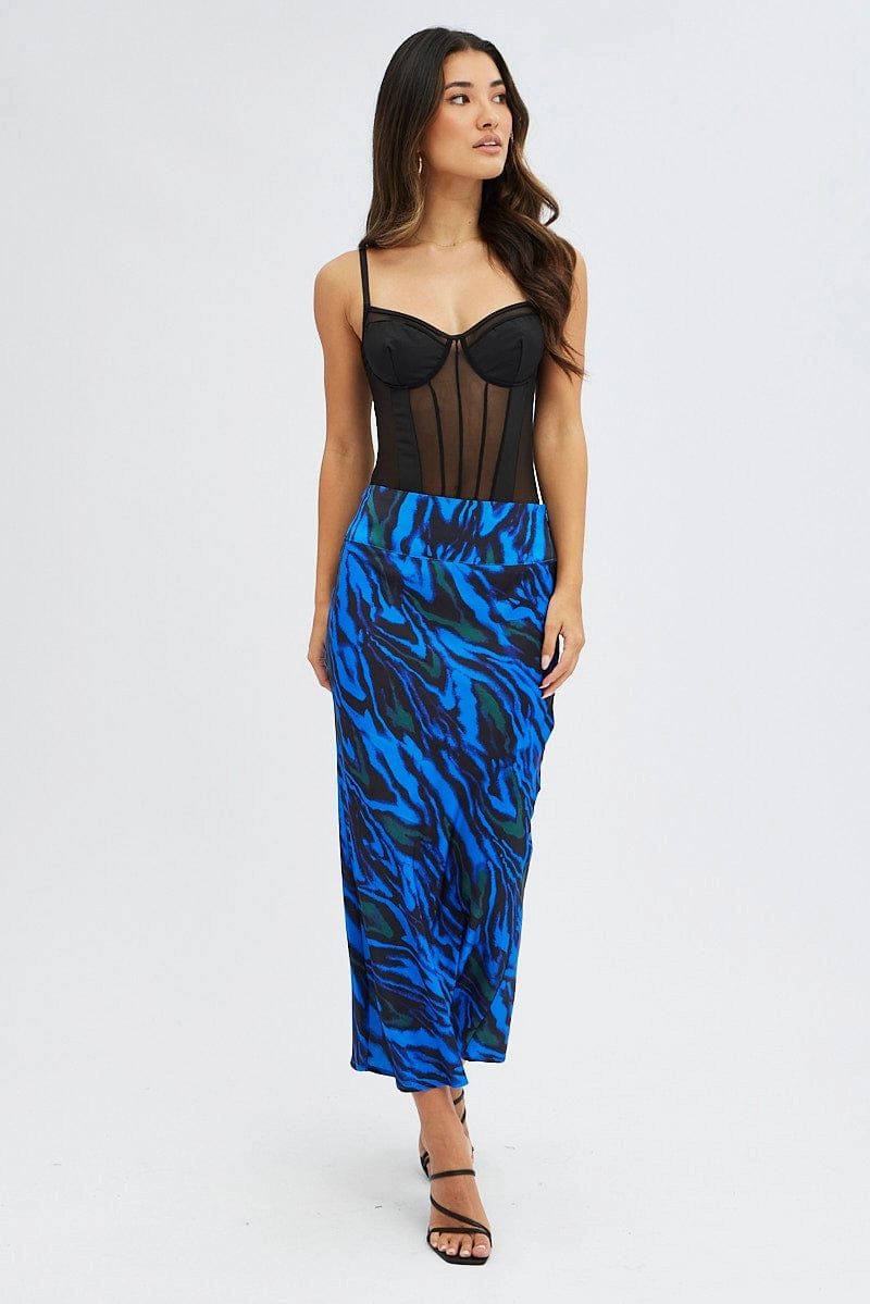 Blue Abstract Midi Skirt High Waisted Satin Bias Cut