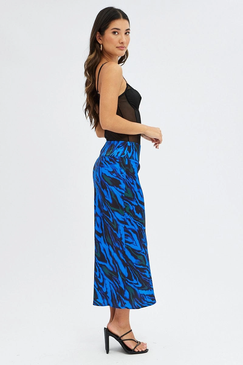 Blue Abstract Midi Skirt High Waisted Satin Bias Cut