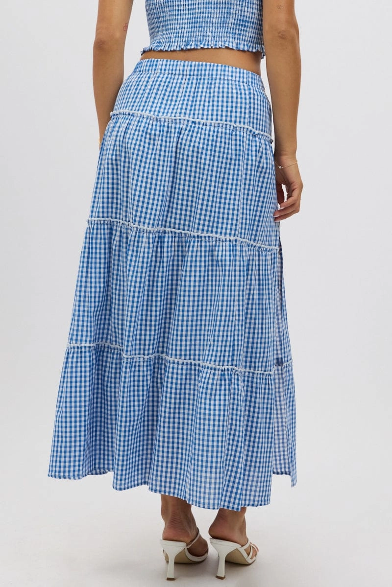 Blue Check Tiered Maxi Skirt Elastic Waist Slit Ruffle