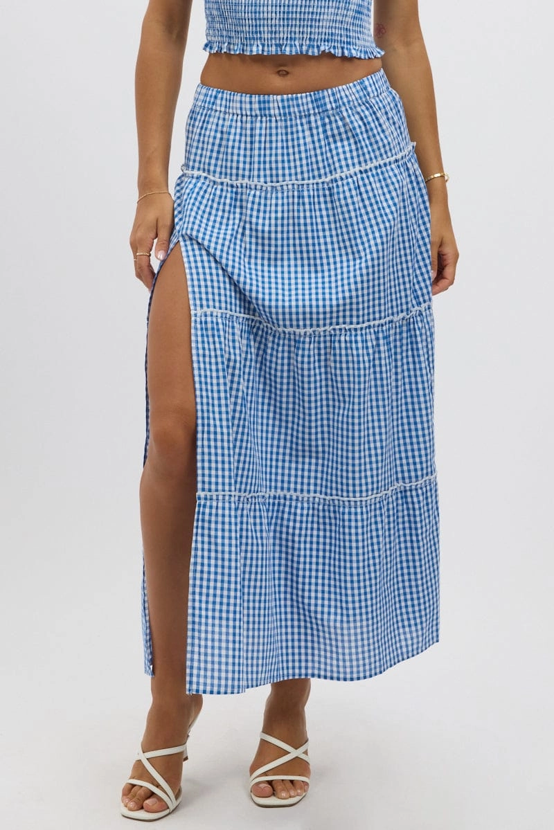 Blue Check Tiered Maxi Skirt Elastic Waist Slit Ruffle
