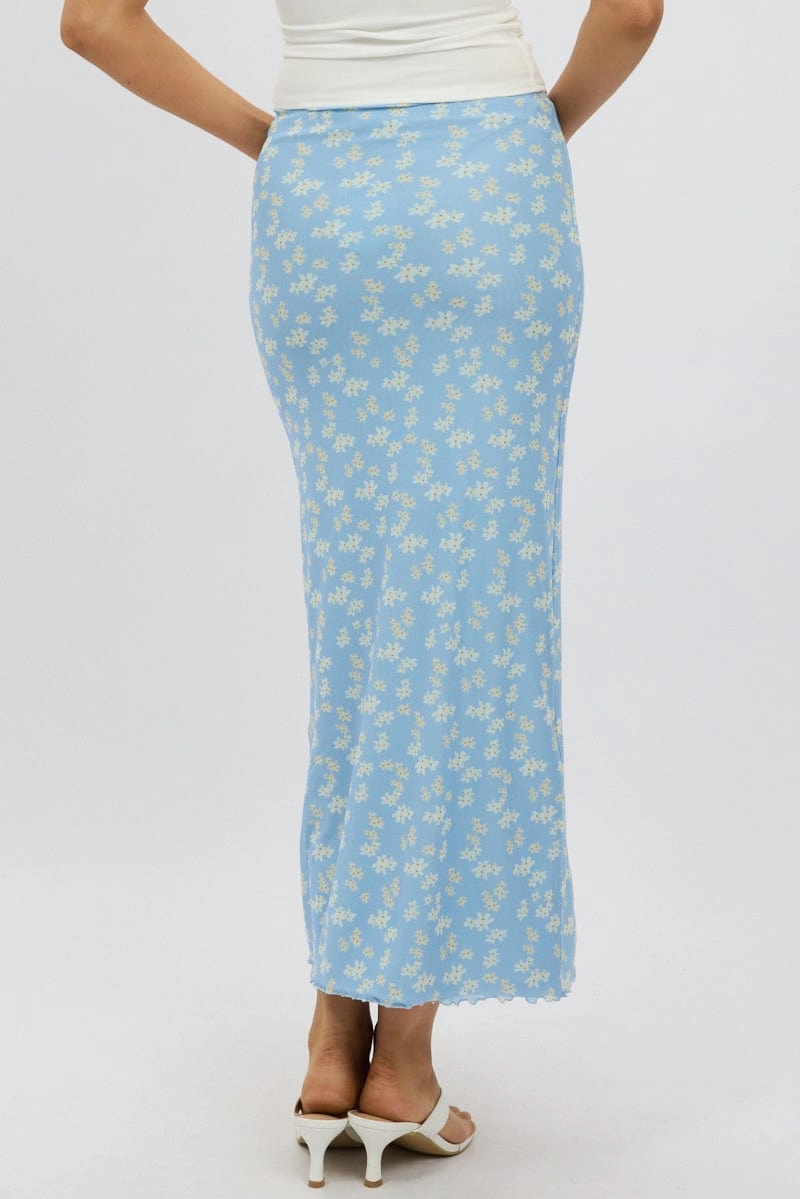 Blue Ditsy Maxi Skirt Elastic Waist Mesh Lined