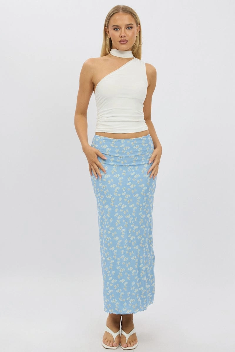 Blue Ditsy Maxi Skirt Elastic Waist Mesh Lined