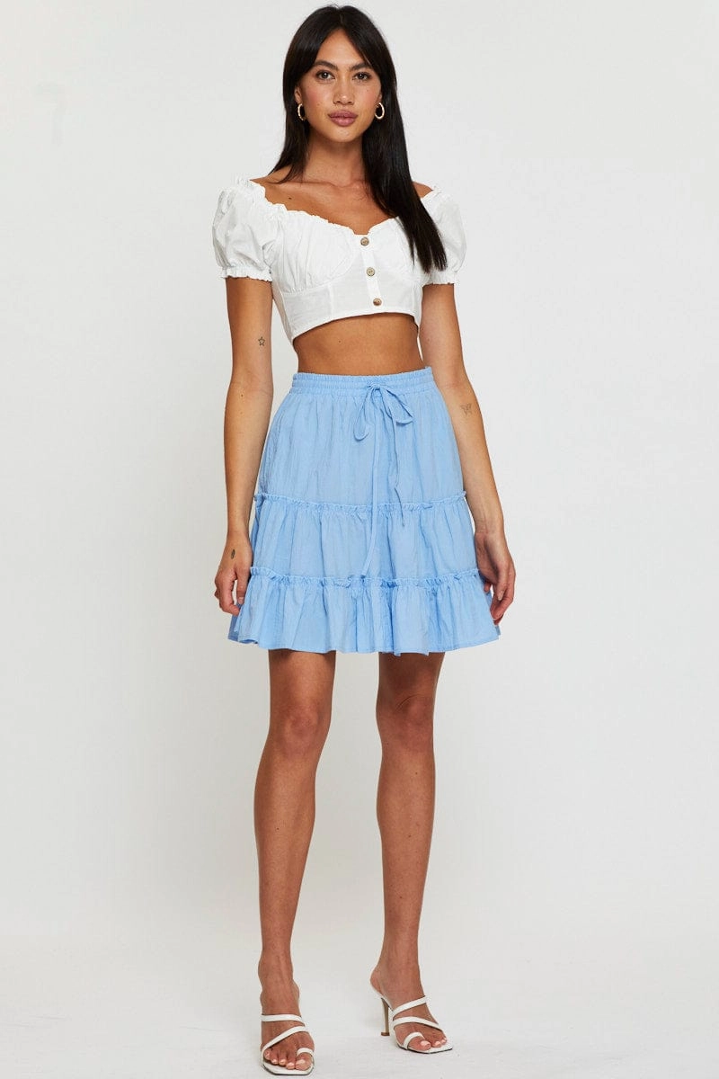Blue Elastic Waist Frill Hem Skater Skirt