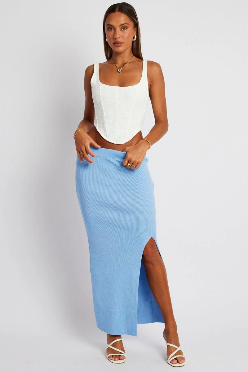 Blue Knit Skirt Front Split High Rise