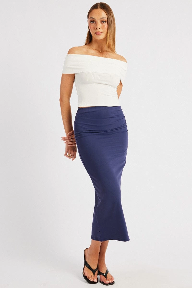 Blue Midaxi Skirt High Rise Ruched Lined Supersoft