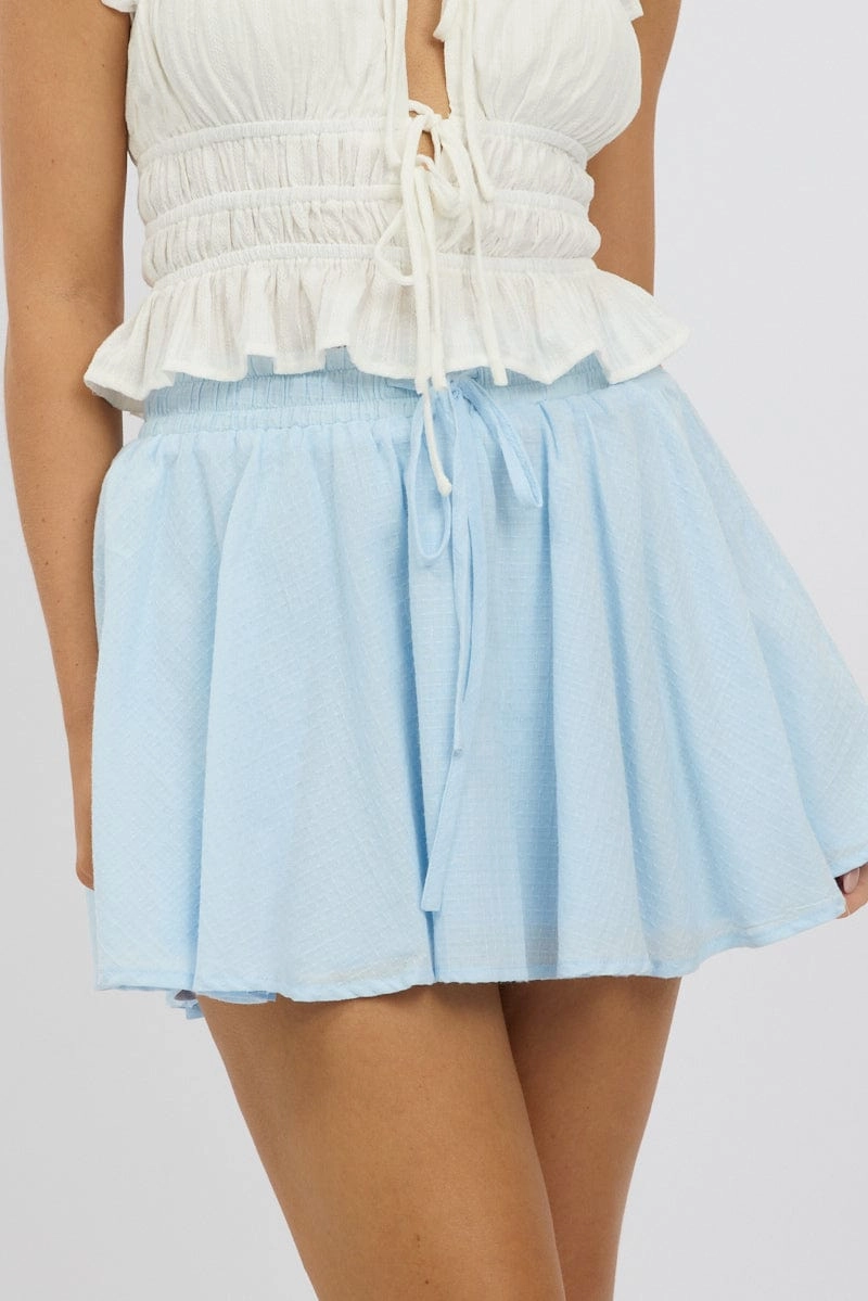 Blue Mini Skirt Elastic Waist Volume Textured Cotton