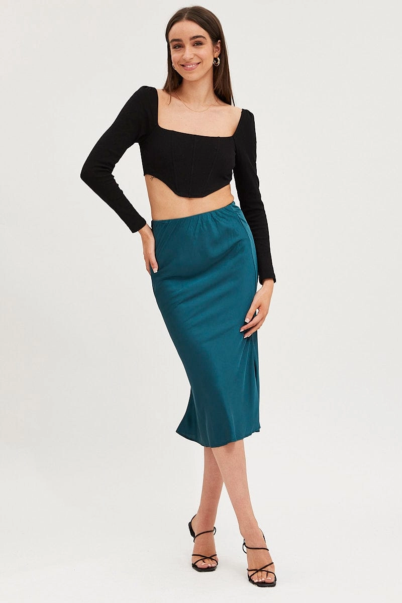 Blue Slip Skirt Midi Satin