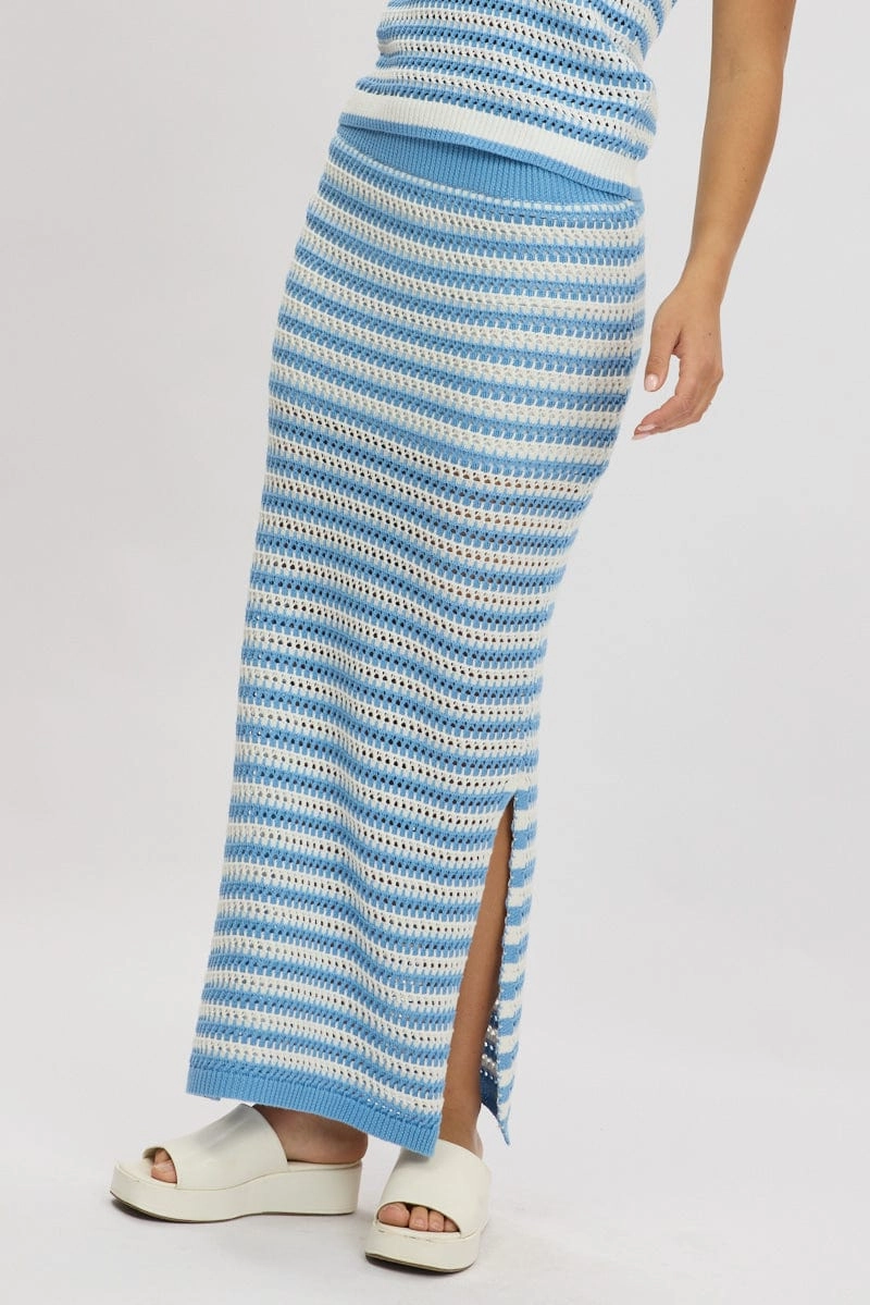 Blue Stripe Crochet Knit Skirt Elastic Waist Midi Lined