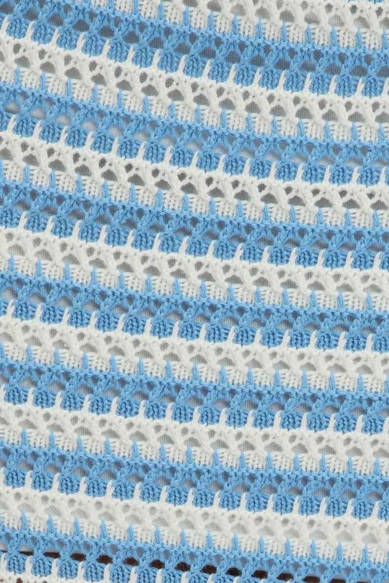Blue Stripe Crochet Knit Skirt Elastic Waist Midi Lined