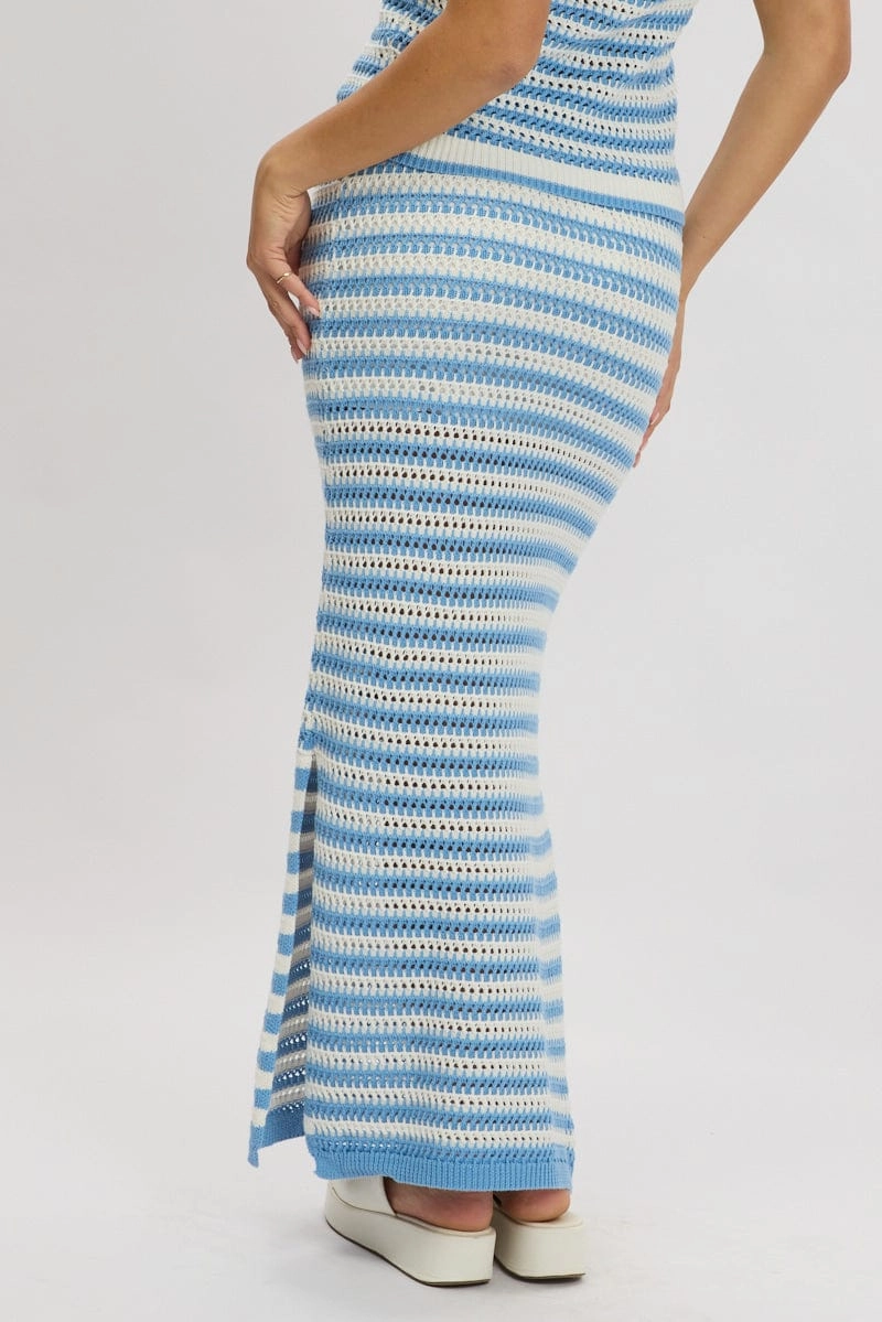 Blue Stripe Crochet Knit Skirt Elastic Waist Midi Lined