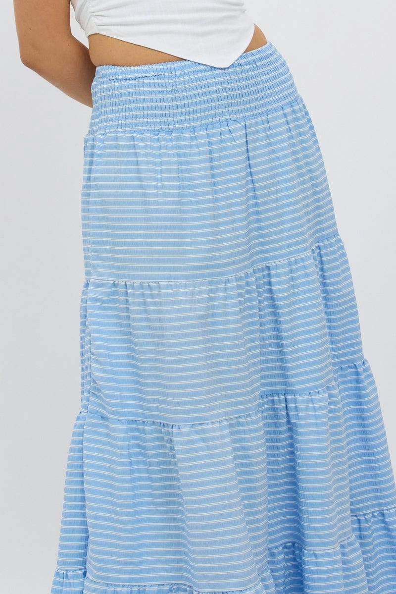 Blue Stripe Maxi Skirt Shirred Waist Tiered Relaxed Fit