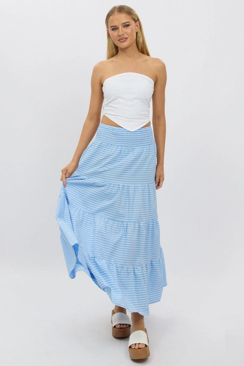 Blue Stripe Maxi Skirt Shirred Waist Tiered Relaxed Fit