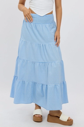 Blue Stripe Maxi Skirt Shirred Waist Tiered Relaxed Fit
